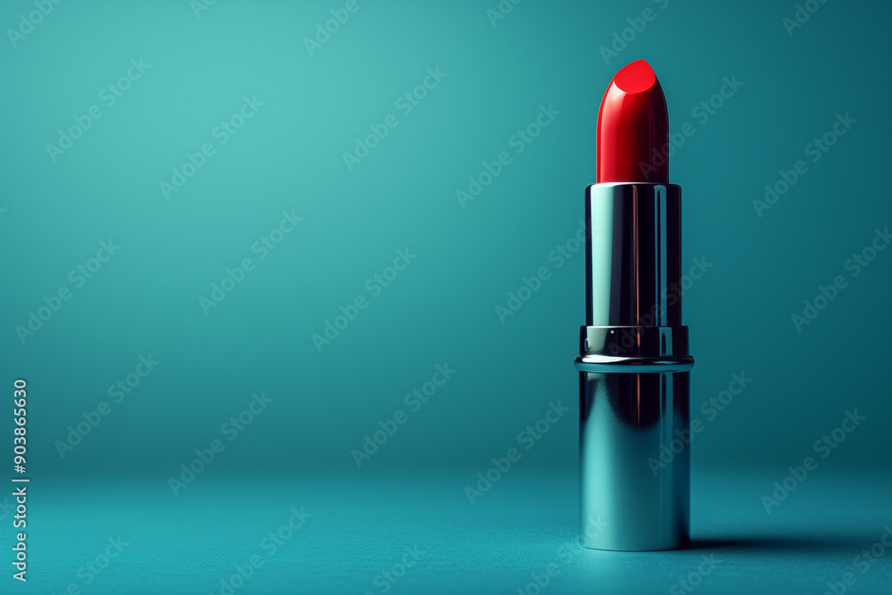 Red lipstick on a blue background. Makeup concept. Сosmetic product. Modern design. Red lipstick on a blue background. Makeup concept. Сosmetic product. Modern design.