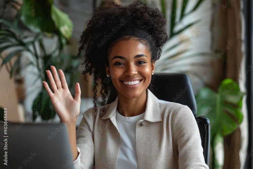 Friendly african american businesswoman holds an online meeting while sitting in the office. Woman waving hand greeting participants of a video call. Online business concept , ai Friendly african american businesswoman holds an online meeting while sitting in the office. Woman waving hand greeting participants of a video call. Online business concept , ai