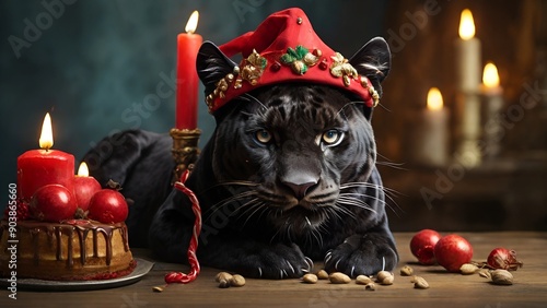 black panther birthday with candle , AI generated	