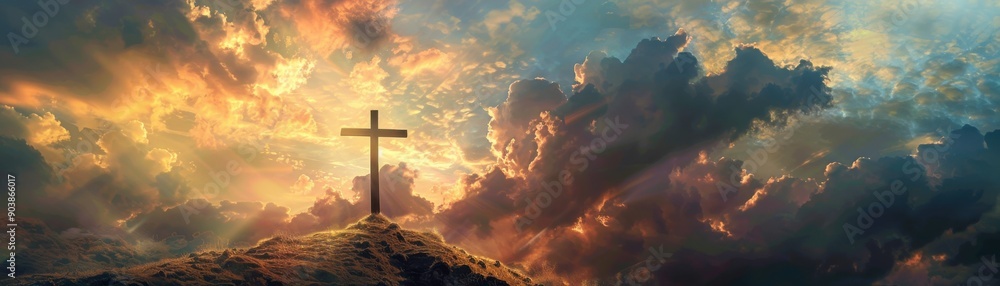 A dramatic sunset illuminates a cross on a hill, symbolizing hope and faith in a serene and inspiring landscape. A dramatic sunset illuminates a cross on a hill, symbolizing hope and faith in a serene and inspiring landscape.