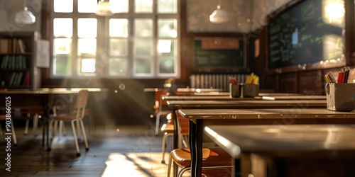 A standard classroom setting with multiple tables and chairs