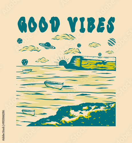 sea and land illustration vintage t shirt design, streetwear design, poster design, totebag design