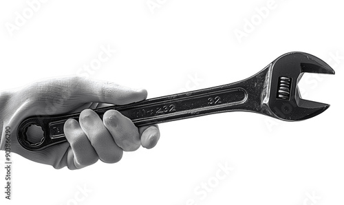 A gloved hand holding an adjustable wrench against  isolated transparant background. The white glove contrasts with the metallic wrench, which shows signs of use, Png