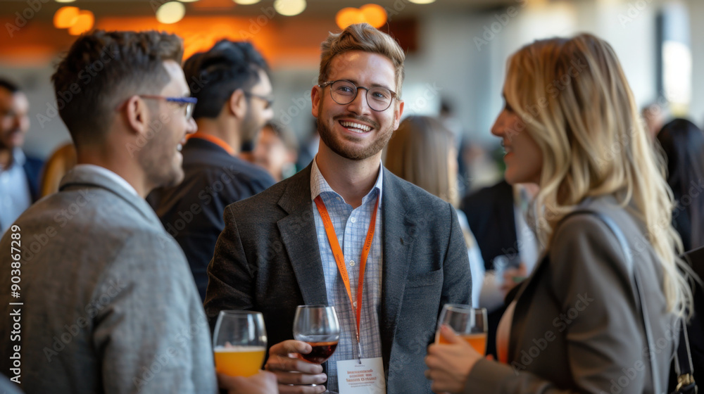 Professionals engaging in conversation at a business networking event, holding drinks and wearing name tags. Professionals engaging in conversation at a business networking event, holding drinks and wearing name tags.