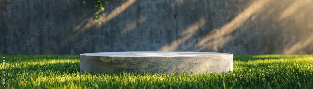 A minimalistic concrete platform surrounded by lush green grass, illuminated by soft sunlight, ideal for a modern aesthetic. A minimalistic concrete platform surrounded by lush green grass, illuminated by soft sunlight, ideal for a modern aesthetic.
