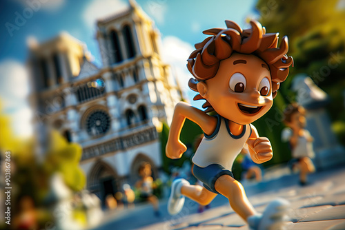 a happy little olympic runner character runs before Notre-Dame