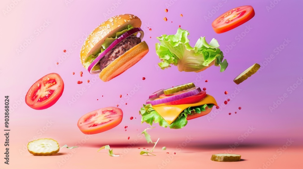 Burger ingredients floating in mid-air with a colorful background Burger ingredients floating in mid-air with a colorful background