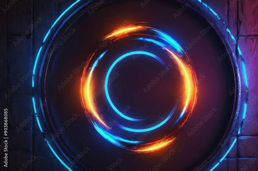 A fantastic landscape with a neon circle. Dark background. A fantastic landscape with a neon circle. Dark background.