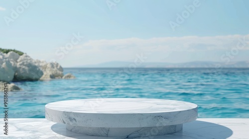 Wallpaper Mural A gorgeous, stunning marble podium elegantly positioned against a serene ocean backdrop, making it an ideal setting for various events, presentations, gatherings, or peaceful relaxation amid nature Torontodigital.ca