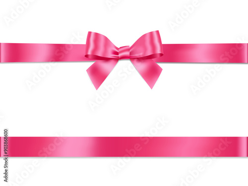 Pink Bow and Ribbon Horizontal Realistic shiny satin with shadow horizontal ribbon for decorate your wedding invitation card ,greeting card or gift boxes vector EPS10 isolated on white background.