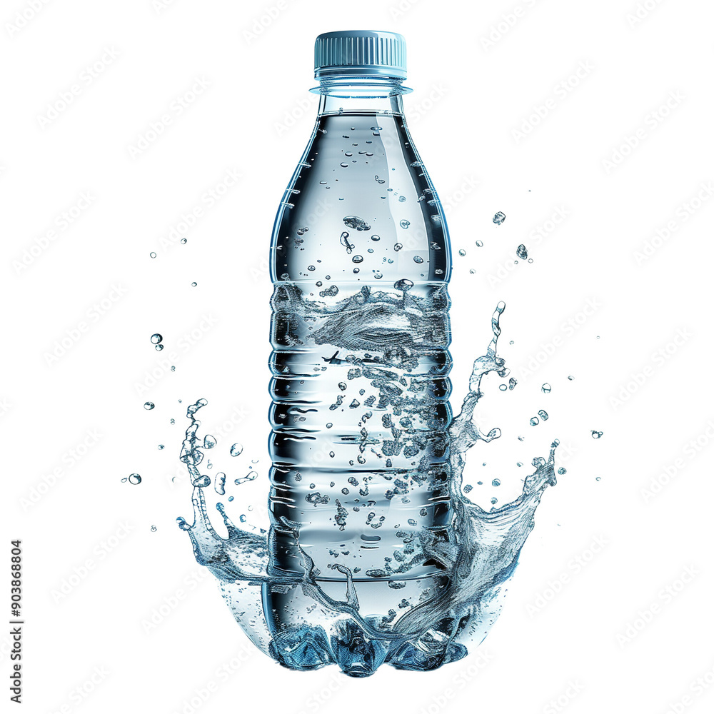 Clear plastic water bottle with splashing water, representing freshness, purity, and hydration, isolated on a white background. Clear plastic water bottle with splashing water, representing freshness, purity, and hydration, isolated on a white background.