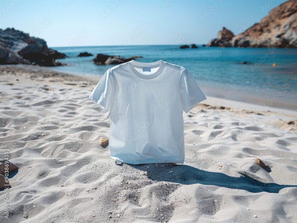 White T-Shirt Floating on Sandy Beach with Bright Blue Sky Background White T-Shirt Floating on Sandy Beach with Bright Blue Sky Background