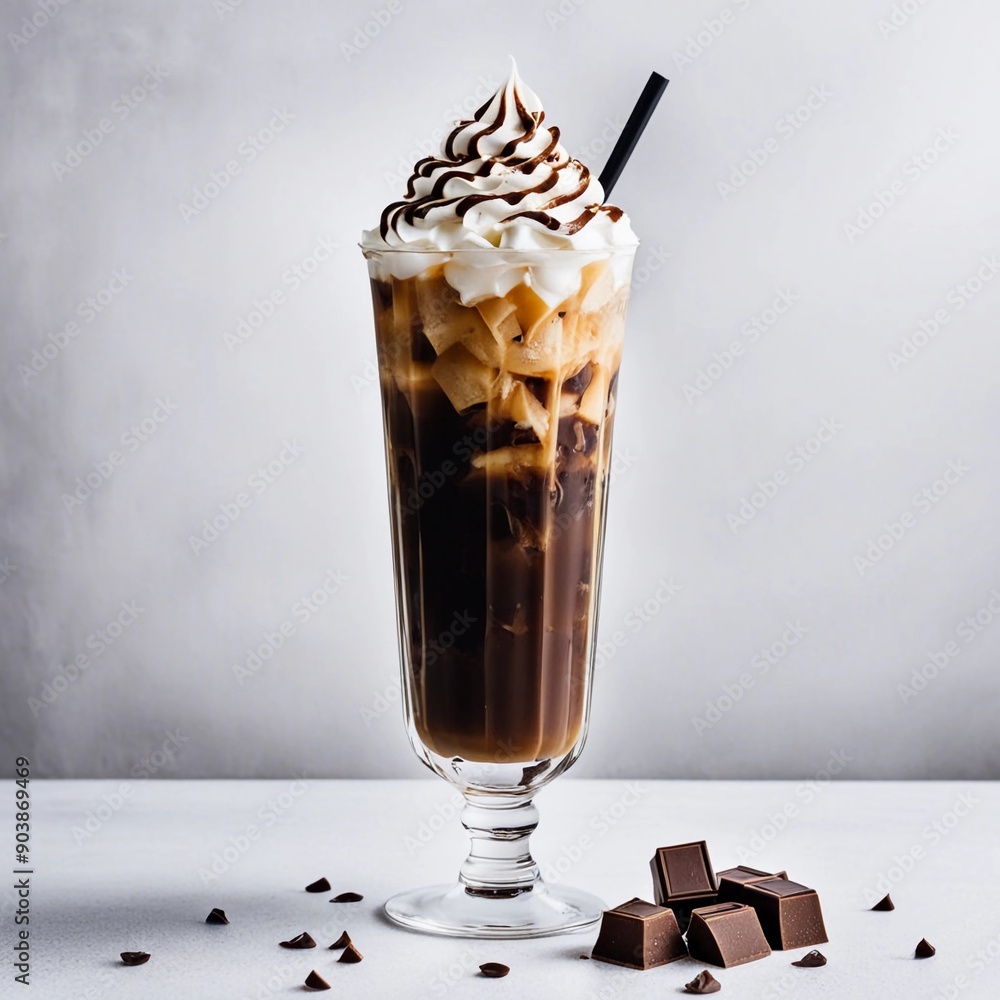 A tall glass of iced coffee with ice cubes, topped with whipped cream and a drizzle of chocolate A tall glass of iced coffee with ice cubes, topped with whipped cream and a drizzle of chocolate