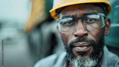 A close-up of a determined construction worker wearing glasses and a yellow hard hat, representing safety, diligence, and commitment on a construction site.