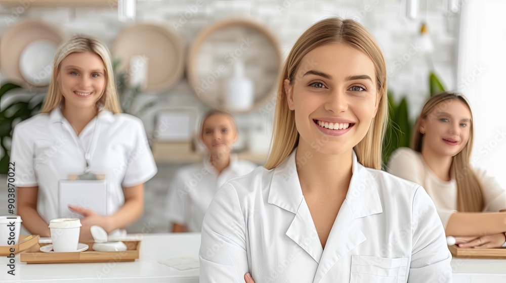 Four women in white attire smile while working in a contemporary clinic, showcasing a positive environment and teamwork Four women in white attire smile while working in a contemporary clinic, showcasing a positive environment and teamwork