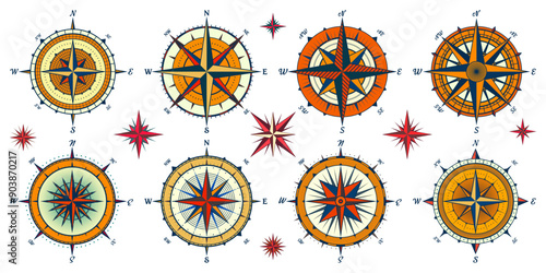 Vintage marine wind rose, nautical chart. Colorful navigational compass with cardinal directions of North, East, South, West. Geographical position, cartography and navigation. Vector illustration