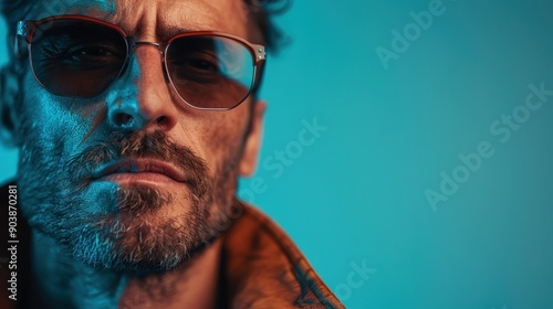 A close-up portrait of a man with aviator glasses and a worn leather jacket, capturing his rugged demeanor and intense expression set against a clean blue background. photo