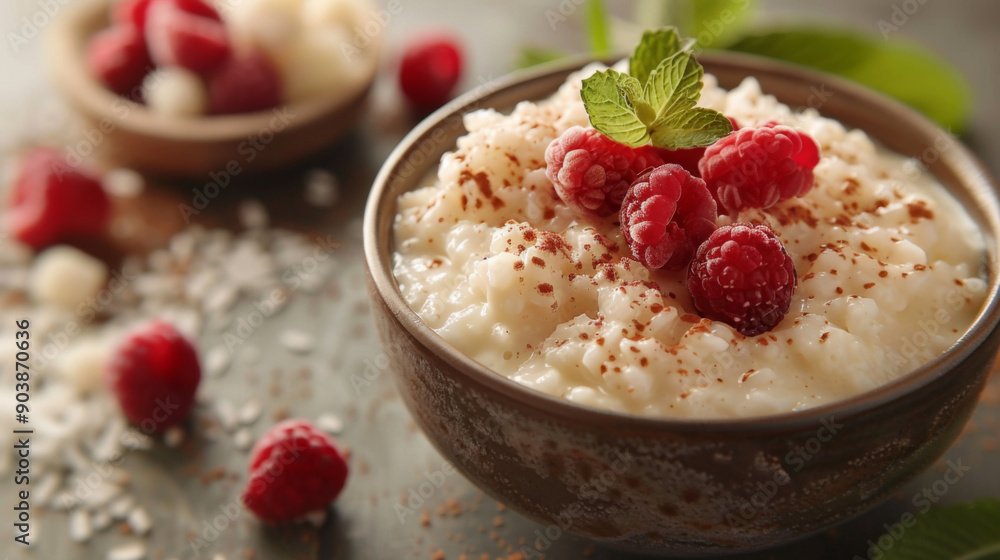 A bowl of creamy rice pudding topped with fresh raspberries and a sprinkle of powdered sugar, perfect for dessert. A bowl of creamy rice pudding topped with fresh raspberries and a sprinkle of powdered sugar, perfect for dessert.
