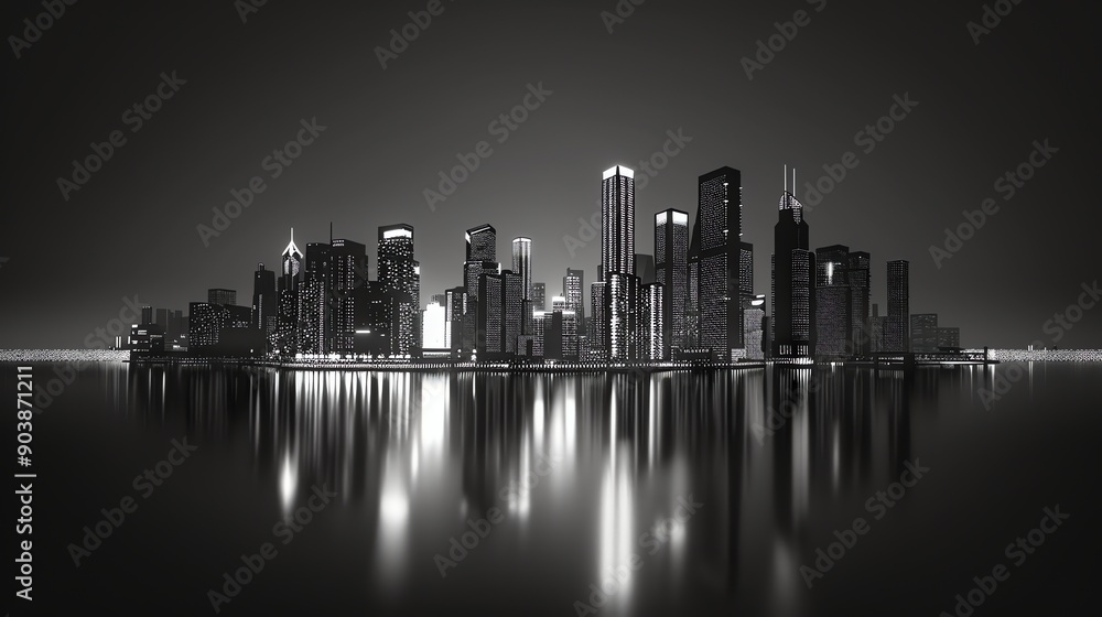 Fototapeta premium A black and white cityscape with tall buildings reflecting in the water.