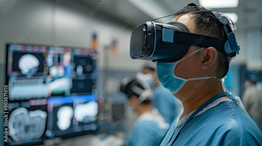 Surgeon in VR Headset Examining Medical Scans in Hospital Surgeon in VR Headset Examining Medical Scans in Hospital
