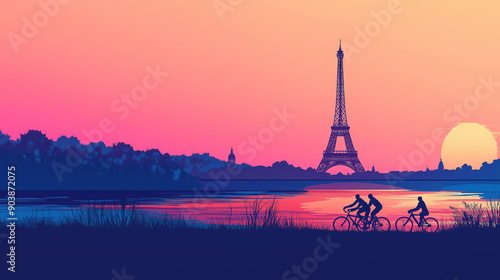 Excitement Builds for Olympic Games in Paris France 2024 With Cyclists Near the Eiffel Tower photo