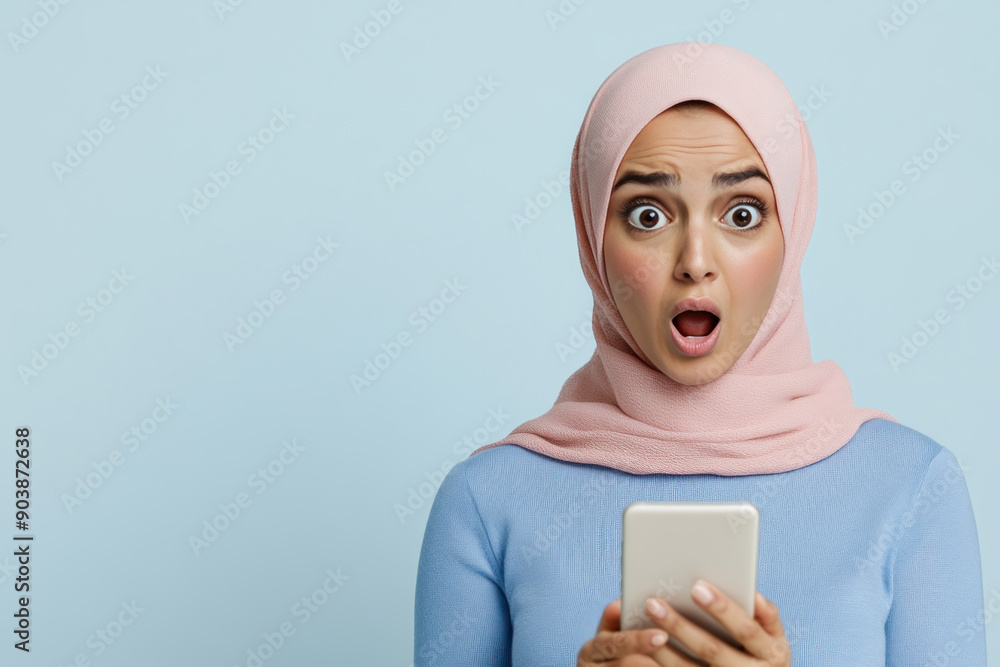 Arabian business woman with surprised expression while holding a cell phone Arabian business woman with surprised expression while holding a cell phone