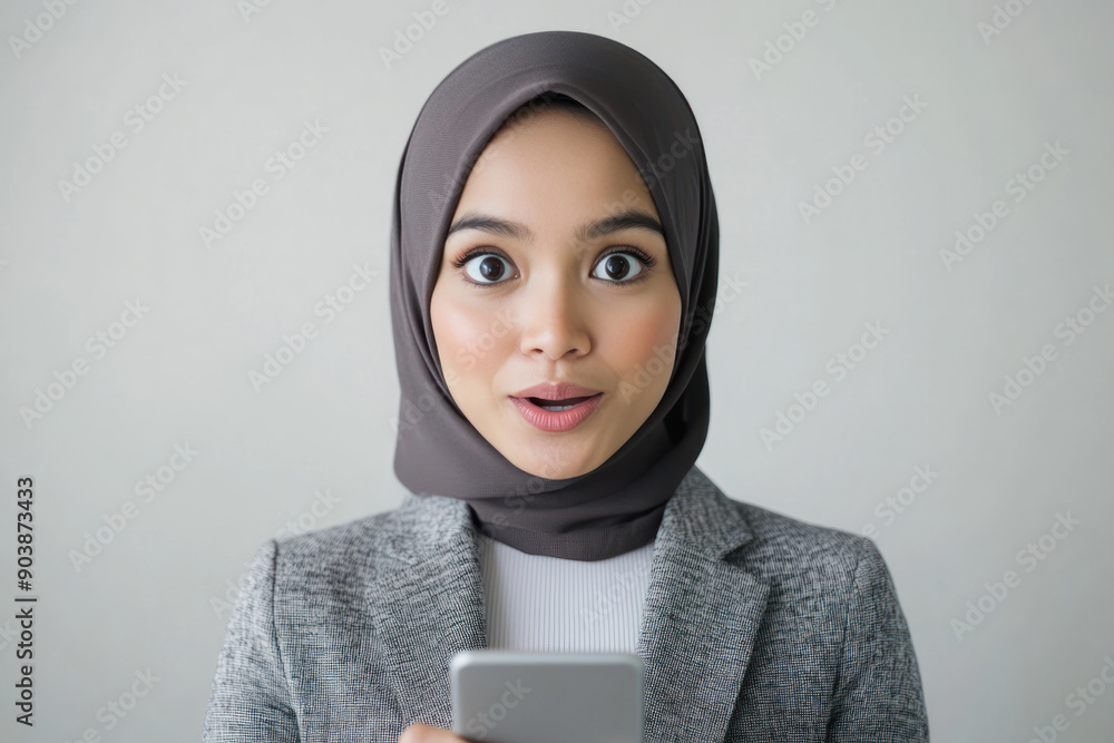 Malay business woman with surprised expression while holding a cell phone Malay business woman with surprised expression while holding a cell phone