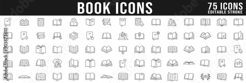 Book line icon big set. Library, diary, open book, pages, bookmark, magazine, ebook etc. Editable stroke