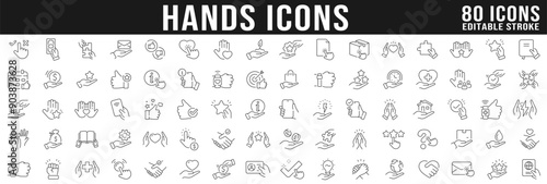 Big set of hands line icons. Point, finger, book, handshake, document etc. Editable stroke