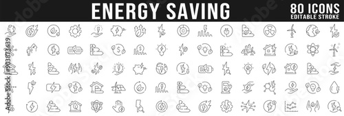 Big set of energy savings line icons. Energy, power, save, electric etc. Editable stroke