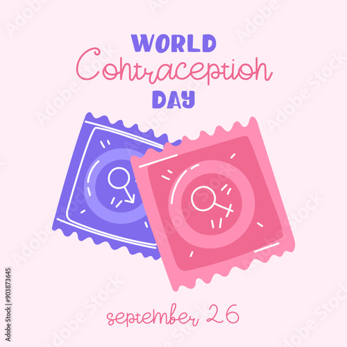 World Contraception Day, September 26. Square postcard. Contraceptives for safe sex male and female condoms. Methods of birth control. Banner about sex education, posting. Vector flat illustration