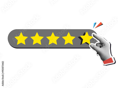 User experience - the hand puts the fifth star in a row. Service rating. Illustration in a modern collage style on transparent background photo