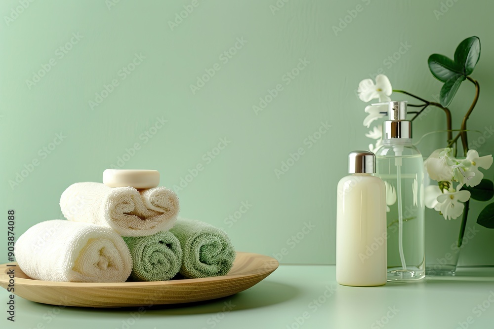 Relaxing Spa Setup With Soft Towels, Bottles, And Fresh Flowers In Calm Green Setting. Generative AI Relaxing Spa Setup With Soft Towels, Bottles, And Fresh Flowers In Calm Green Setting. Generative AI