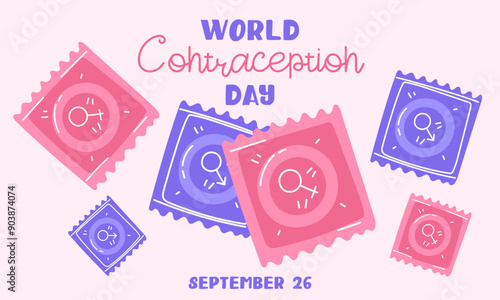 World Contraception Day, September 26, postcard. Contraceptives for safe sex male and female condom with shield. Methods of birth control. banner about sex education. Vector flat illustration