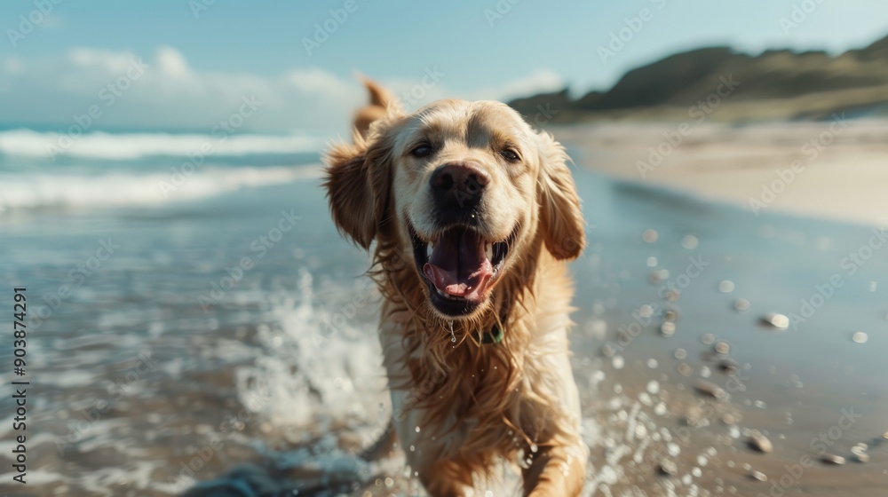 A joyful golden retriever splashes through the water on a beach, radiating happiness and energy in a sunny, picturesque setting A joyful golden retriever splashes through the water on a beach, radiating happiness and energy in a sunny, picturesque setting