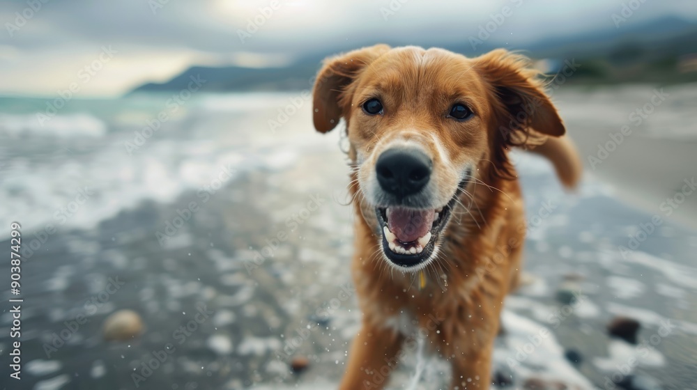 A joyful golden retriever runs through the shallow water at the beach, capturing the essence of playfulness and freedom against a scenic landscape