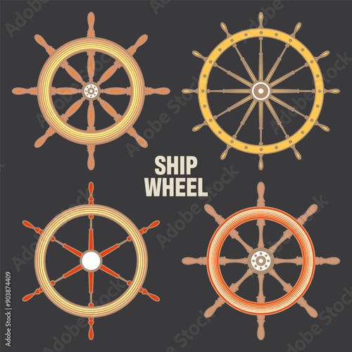 Wooden vintage steering wheels. Ship, sailboat or yacht retro wheel symbol. Colorful nautical rudder icon. Marine logotype design element. Vector illustration