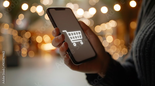 A hand holding a smartphone with a glowing shopping cart icon on the screen, set against a blurred background of warm bokeh lights, symbolizing online shopping and e-commerce.