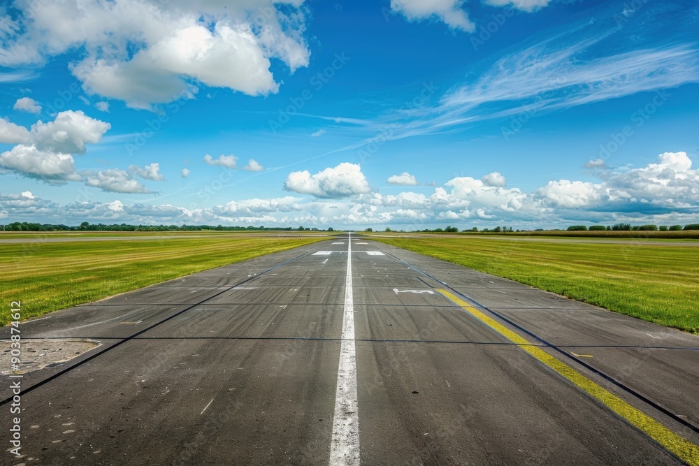 Airfield View: Rural Runway under Blue Sky for Transportation and Travel Scenes Airfield View: Rural Runway under Blue Sky for Transportation and Travel Scenes