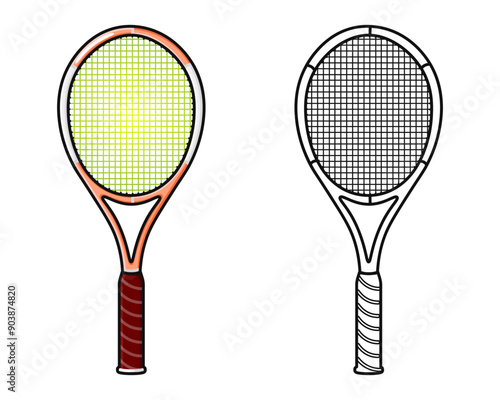 Funny cute happy Tennis racquet characters bundle set. Vector hand drawn cartoon kawaii character illustration icon. Cute Tennis racquet. Outline cartoon illustration for coloring book