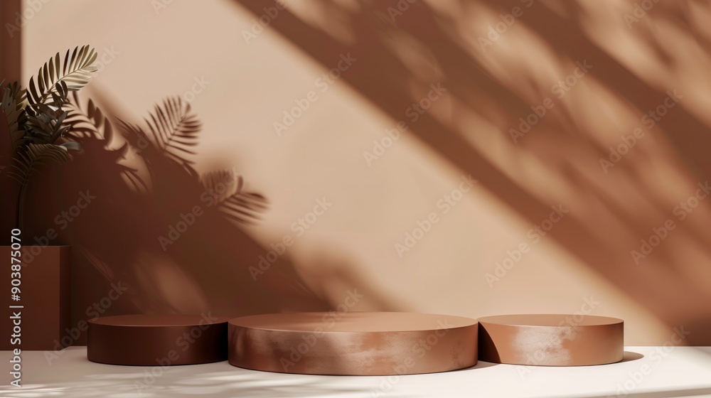 Fototapeta premium Three Minimalist Red Toned Round Podiums for Product Presentation on Empty Background. Ideal for E-commerce and Advertising Displays, Showcasing Minimalist Style and Elegance
