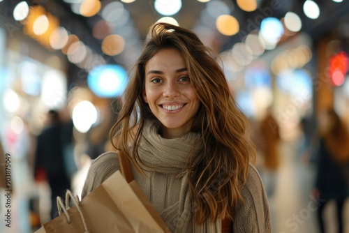 A smiling woman stands in a lively shopping area, holding bags and wearing a cozy sweater and scarf, surrounded by colorful lights and a bustling crowd.