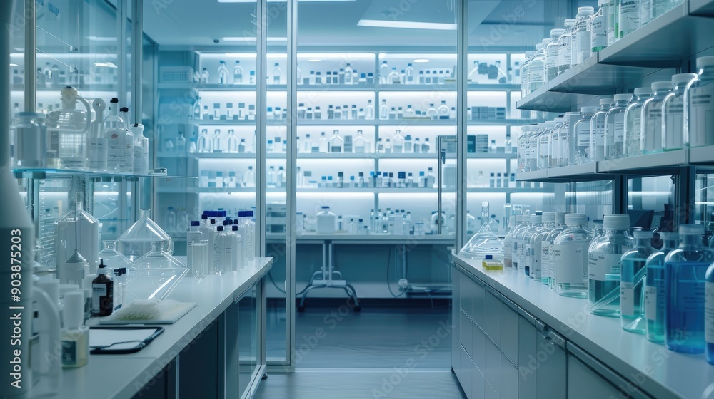 A View of a Modern, Sterile Chemistry Lab with Chemicals Stored on Shelving A View of a Modern, Sterile Chemistry Lab with Chemicals Stored on Shelving
