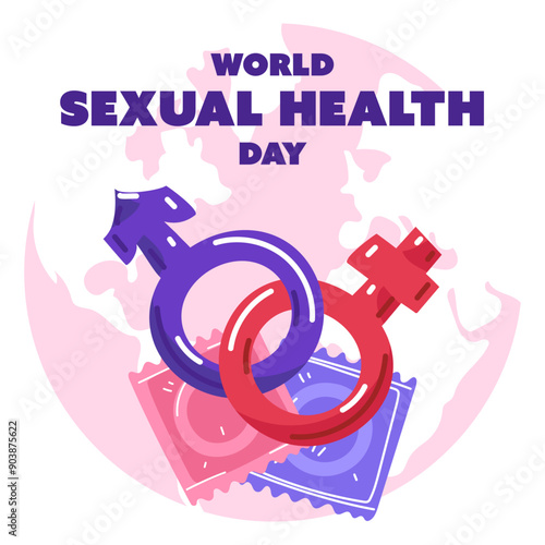 World Sexual Health Day concept background. Square banner. A flat illustration with contraceptives and male and female sex symbols in pink and blue on background of condom and earth. Sex education