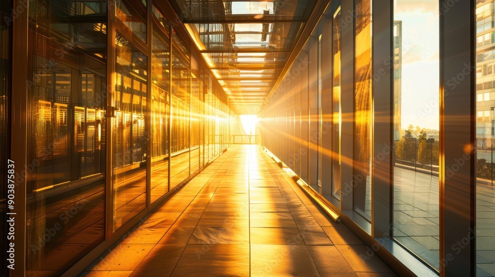 Sunlit modern hallway with glass walls and reflections, creating a warm and inviting atmosphere in a contemporary architectural setting. Sunlit modern hallway with glass walls and reflections, creating a warm and inviting atmosphere in a contemporary architectural setting.