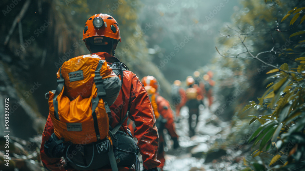 Rescue team wearing full gear crossing a river in rugged terrain, showing teamwork and determination. Rescue team wearing full gear crossing a river in rugged terrain, showing teamwork and determination.