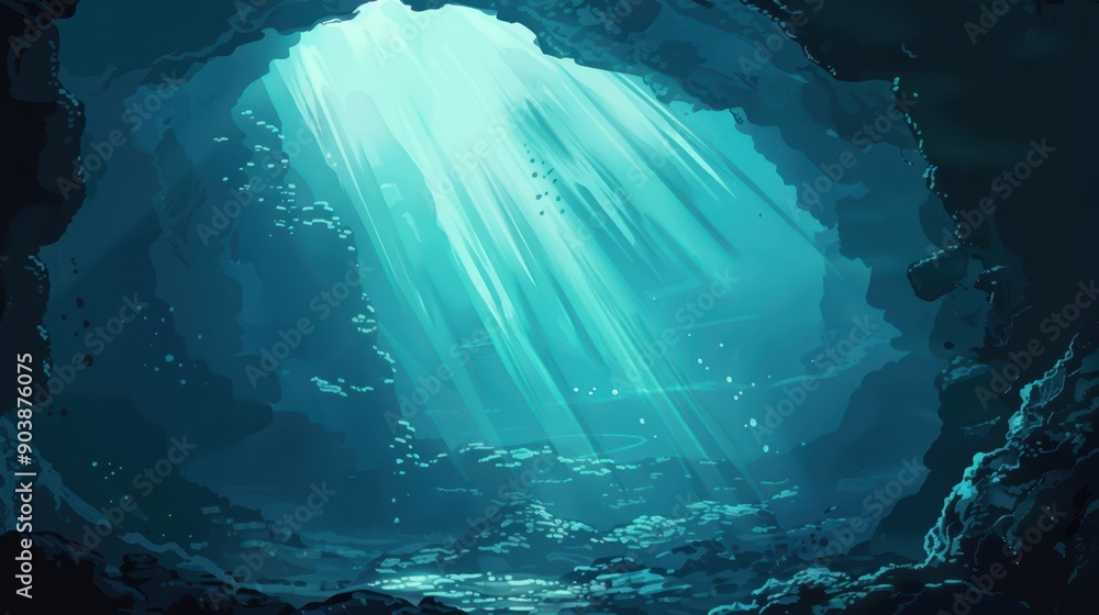Ethereal light rays penetrating an underwater cave. Serene and mystical scene with blue tones and rocky formations. Ethereal light rays penetrating an underwater cave. Serene and mystical scene with blue tones and rocky formations.