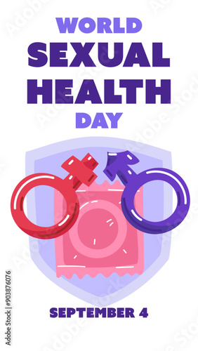 World Sexual Health Day concept September 4. Vertical banner. A flat illustration with contraceptives and male and female sex symbols in pink and blue on background of condom and shield. Sex education