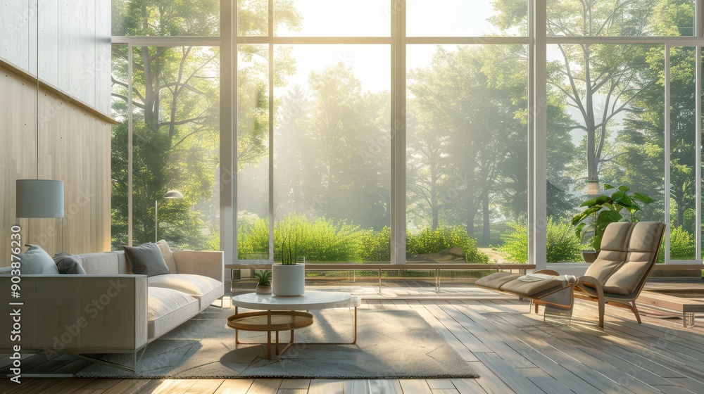 Luxurious living room with floor-to-ceiling windows offering a panoramic forest view, stylish furniture. Luxurious living room with floor-to-ceiling windows offering a panoramic forest view, stylish furniture.