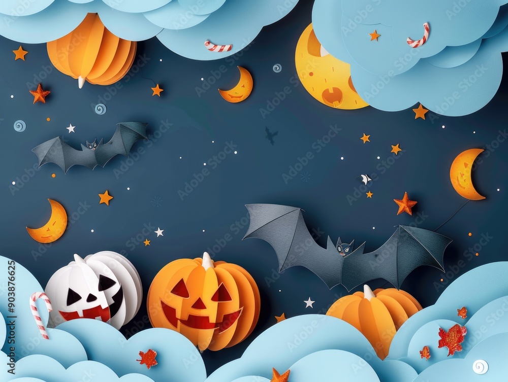 A spooky Halloween scene with pumpkins, bats, and stars, great for autumn or Halloween themed designs A spooky Halloween scene with pumpkins, bats, and stars, great for autumn or Halloween themed designs